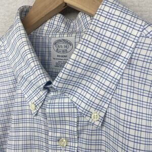 BROOKS BROTHERS Shirt Mens 16.5 34 REGENT FIT Dress Check Non Iron Cotton Blue